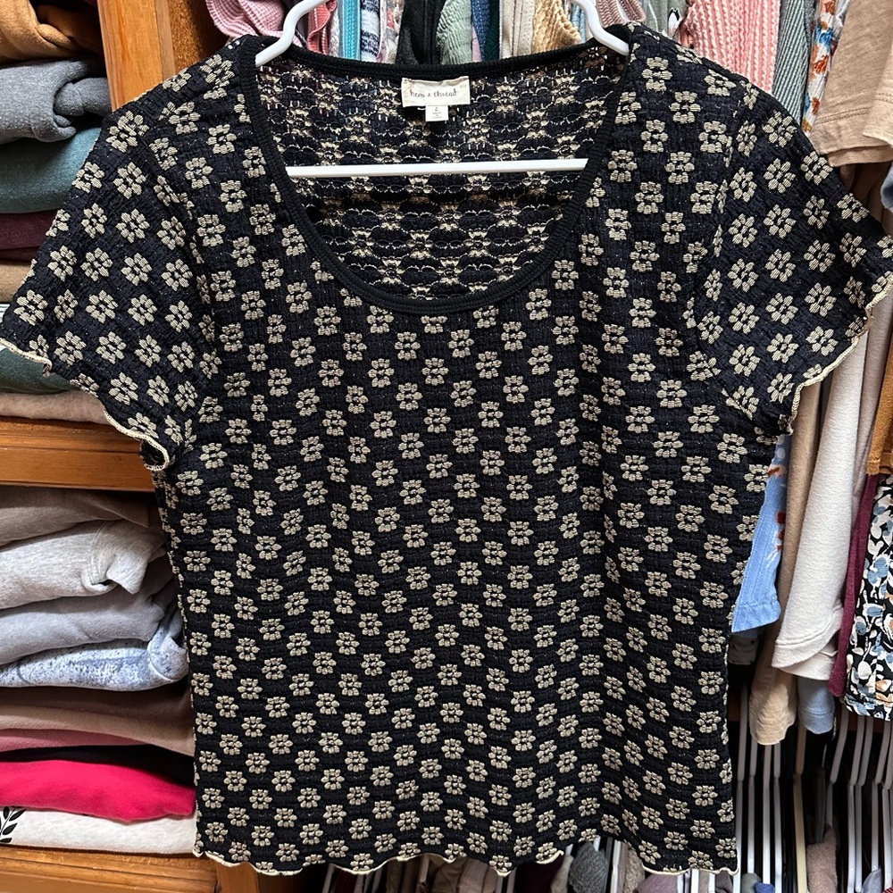 Floral Patterned Black and Cream Top